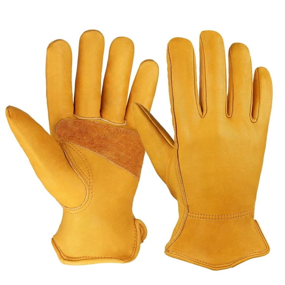 DUHKP Cowhide Work Gloves, Thorn Cut Puncture Resistant Leather Working Gloves for Gardening Auto Repair Construction Warehouse