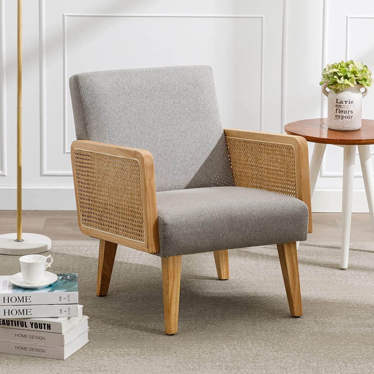 DUHOME Accent Chair,Upholstered Living Room Chair with Rattan Armrest ...