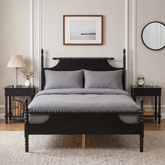 DUHOME Bobbin Solid Wood Platform Bed, Vintage Turned Wood Four Poster Bed Frame with Headboard & Footboard, Wooden Slat Support, No Box Spring Needed, Bedroom Bed