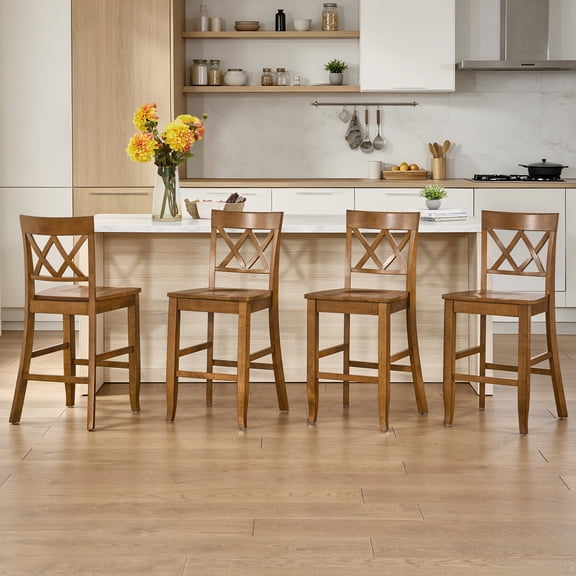 DUHOME Counter Height Bar Stools Set of 4, 24" H Farmhouse X-Back Wooden Barstools with Footrest, Distressed Walnut Finish, Farmhouse Barstools for Kitchen Island, Home Bar & Pub