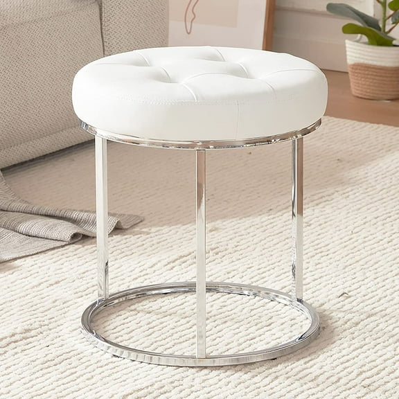 DUHOME Faux Leather Ottoman Stool, Vanity Chair Button Tufted Footrest Stool Makeup Stool with Metal Base for Living Room Bedroom, White