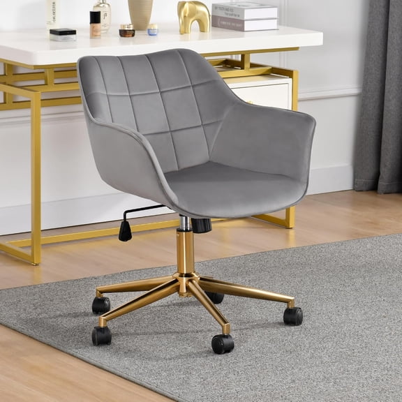 DUHOME Modern Home Office Chair Velvet Desk Chair with Gold Metal Base with Mid Back Cute Ergonomic Computer Desk Chair Task Chair with Arms, Wheels Adjustable Swivel 1PCS (Grey Velvet)