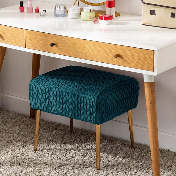 DUHOME Modern Velvet Upholstered Ottoman, Tufted Footrest Vanity Chair Makeup Chair Vanity Stool for Bedroom Living Room Kids' Room Atrovirens