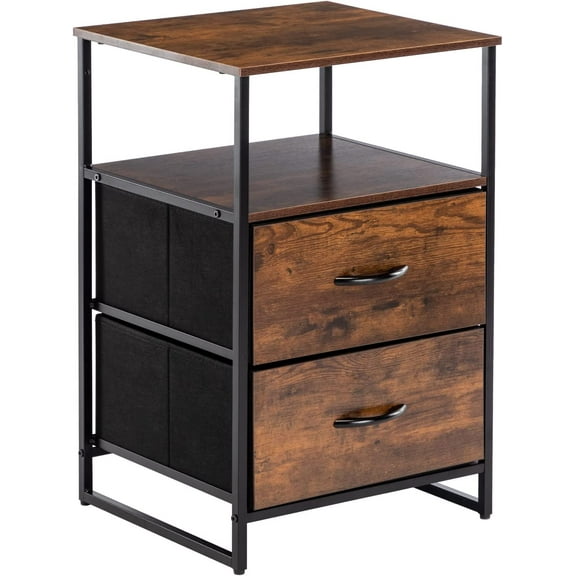DUHOME Rustic Nightstand, Bedside Storage Table with 2 Drawers, 2 Shelves, Fabric Drawer Dresser for Bedroom Living Room, End Table with Wooden Top and Front, Rustic Brown and Black