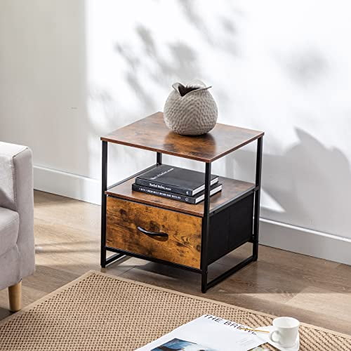 DUHOME Rustic Nightstand, Bedside Storage Table with Drawer, 2 Shelves, Fabric Drawer Dresser for Bedroom Living Room, End Table with Wooden Top and Front, Rustic and Black
