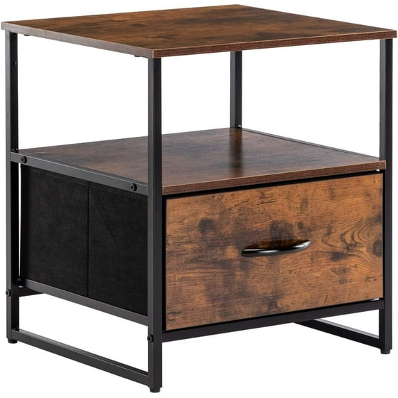 DUHOME Rustic Nightstand, Bedside Storage Table with Drawer, 2 Shelves, Fabric Drawer Dresser for Bedroom Living Room, End Table with Wooden Top and Front, Rustic Brown and Black