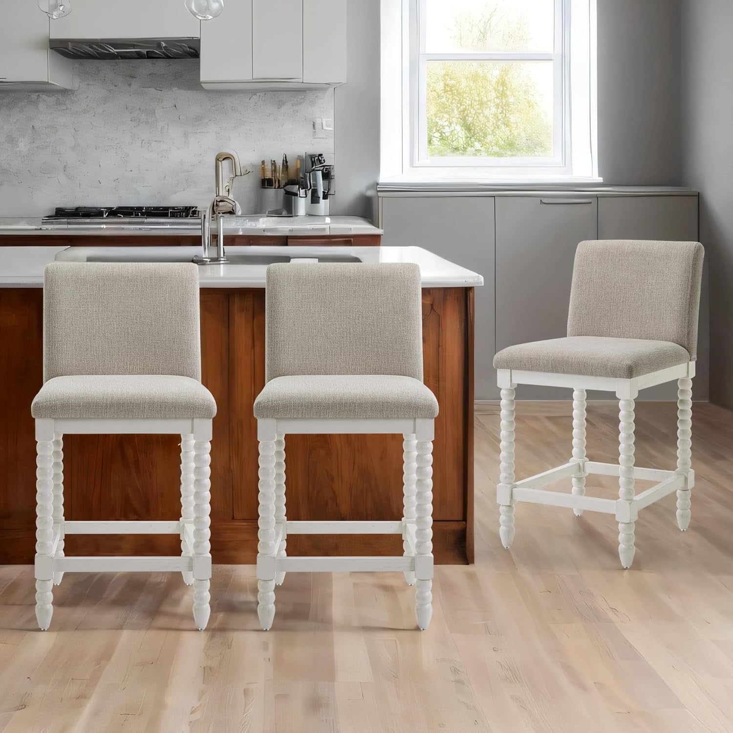 DUHOME Spindle Counter Stools Set of 3 with Padded Spring Seat,Wooden ...