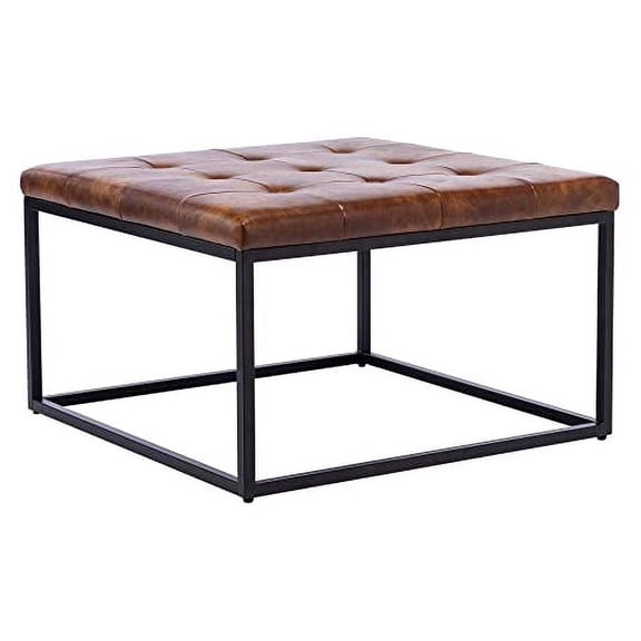 DUHOME Square Ottoman Coffee Table, Faux Leather Ottoman Foot Rest Upholstered Button Tufted Ottoman for Living Room with Metal Frame, Yellowish Brown & Black Base