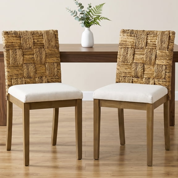 DUHOME Wood Dining Chairs Set of 2 Banana Leaf Woven Kitchen Chairs