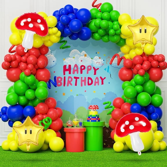 DUILE 156pcs Red Blue Green Yellow Balloon Garland Kit Mushroom Star Balloons for Cartoon Video Game Theme Super Bros Birthday Game Birthday Party Supplies Y114