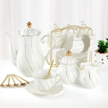 DUJUST 22 pcs White Porcelain Tea Set for 6, Luxury British Style Tea/Coffee Cup Set with Golden Trim, Beautiful Tea Set for Women, Tea Party Set, Gift Package (With a Stand)