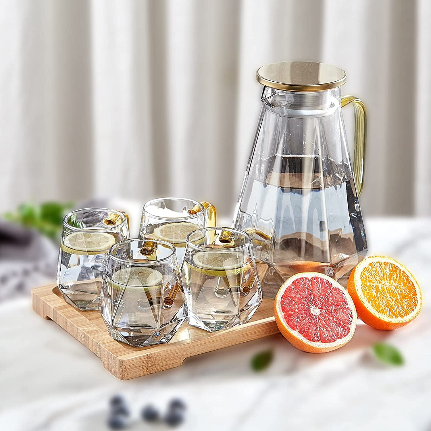 DUJUST Black Diamond Glass Pitcher with 4 Cups, 1 Tray, Elegant Design  Water Pitcher with Handle, Decoration for Room, High Durability Water Glass  ...