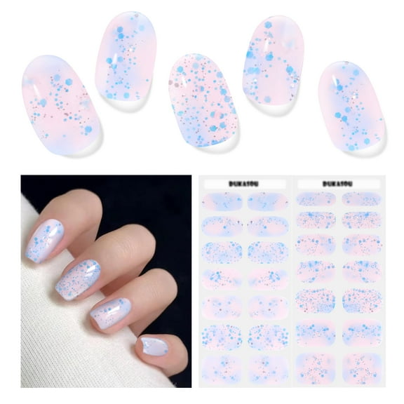 DUKASOU Semi Cured Gel Nail Srips, 28Pcs Finger Nail Stickers for Adults, Salon Manicure Full Nail Wraps UV Nail Polish Strips, Pink Blue Sequins