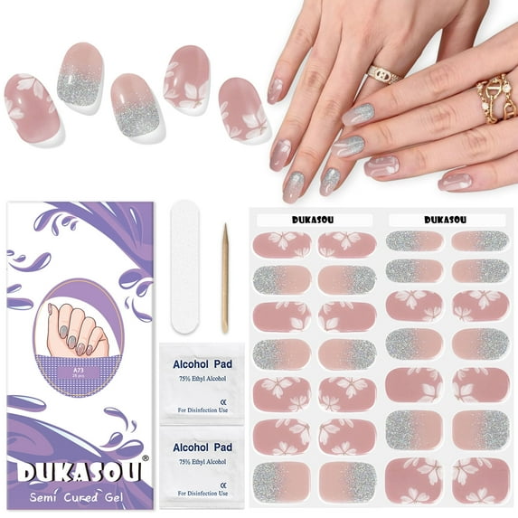 DUKASOU Semi Cured Gel Nail Srips, 28Pcs Finger Nail Stickers for Adults, Salon Manicure Full Nail Wraps UV Nail Polish Strips, White Flower Pink Silver Glitter
