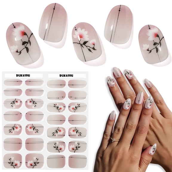 DUKASOU Semi Cured Gel Nail Srips, 28Pcs Finger Nail Stickers for Adults, Salon Manicure Full Nail Wraps UV Nail Polish Strips, Floral Semi-Transparent White