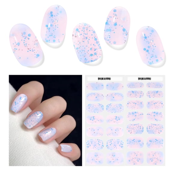 DUKASOU Semi Cured Gel Nail Srips, 28Pcs Finger Nail Stickers for Adults, Salon Manicure Full Nail Wraps UV Nail Polish Strips, Pink Blue Sequins