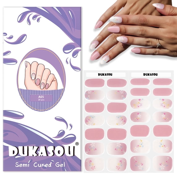 DUKASOU Semi Cured Gel Nail Srips, 28Pcs Finger Nail Stickers for Adults, Salon Manicure Full Nail Wraps UV Nail Polish Strips, Pink Colored Flower