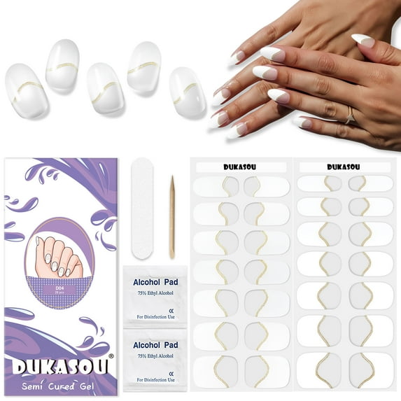 DUKASOU Semi Cured Gel Nail Srips, 28Pcs White French Tip Finger Nail Stickers for Adults, Salon Manicure Full Nail Wraps UV Nail Polish Strips