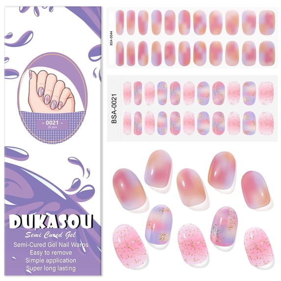 DUKASOU 44Pcs Upgraded Gloss Gel Nail Polish Strips UV Free, Pink Flower Gold Glitter Stick on Nail Strips, DIY Finger Full Nails Wraps Manicure Nail Art Stickers for Adults