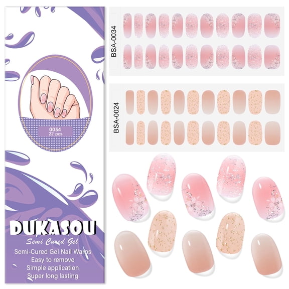 DUKASOU 44Pcs Upgraded Gloss Gel Nail Polish Strips UV Free, Orange and Pink Glitter Stick on Nail Strips, DIY Finger Full Nails Wraps Manicure Nail Art Stickers for Adults
