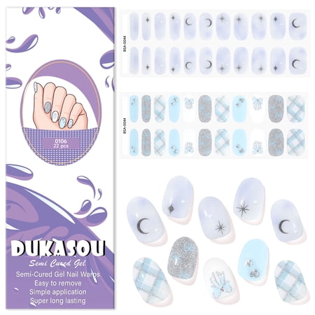 DUKASOU 44Pcs Upgraded Gloss Gel Nail Polish Strips UV Free, Blue and Purple Stick on Nail Strips, DIY Finger Full Nails Wraps Manicure Nail Art Stickers for Adults