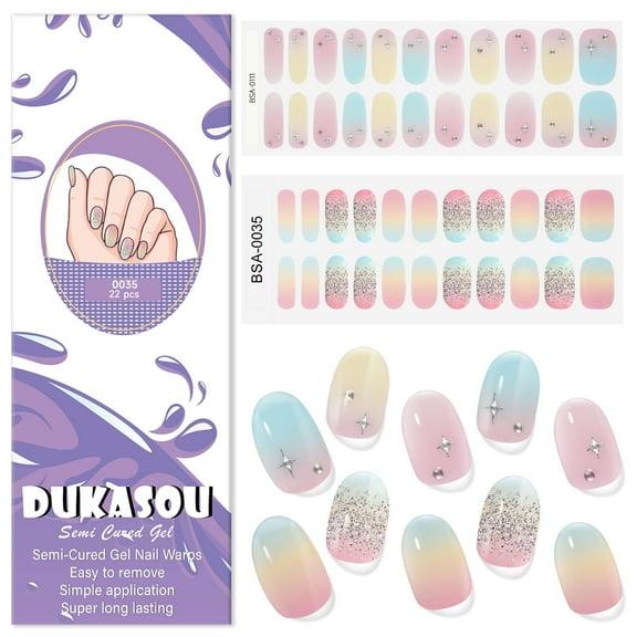 DUKASOU 44Pcs Upgraded Gloss Gel Nail Polish Strips UV Free, Blue Pink Yellow Gradient Stick on Nail Strips, DIY Finger Full Nails Wraps Manicure Nail Art Stickers for Adults