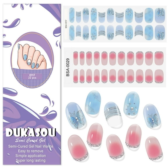 DUKASOU 44Pcs Upgraded Gloss Gel Nail Polish Strips UV Free, Blue Butterfly and Pink French Tip Stick on Nail Strips, DIY Finger Full Nails Wraps Manicure Nail Art Stickers for Adults