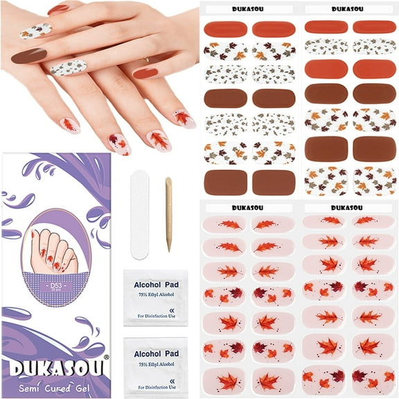 DUKASOU Fall Nail Strips, 56 pcs Nail Polish Art Stickers Wraps，Semi Cured Gel Nail Strips Works with uv Light