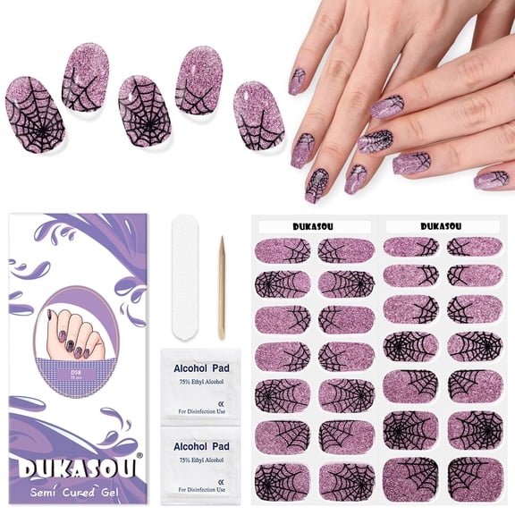DUKASOU Semi Cured Gel Nail Strips, 28pcs Halloween Nail Poliah Art Stickers Wraps spiderweb Gel Nail Stickers for Women