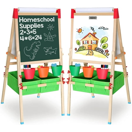 DUKE BABY 3-in-1 Kids Art Easel with Dry-Erase Board, Chalkboard, Paper Roll and Art Supply Storage- Green