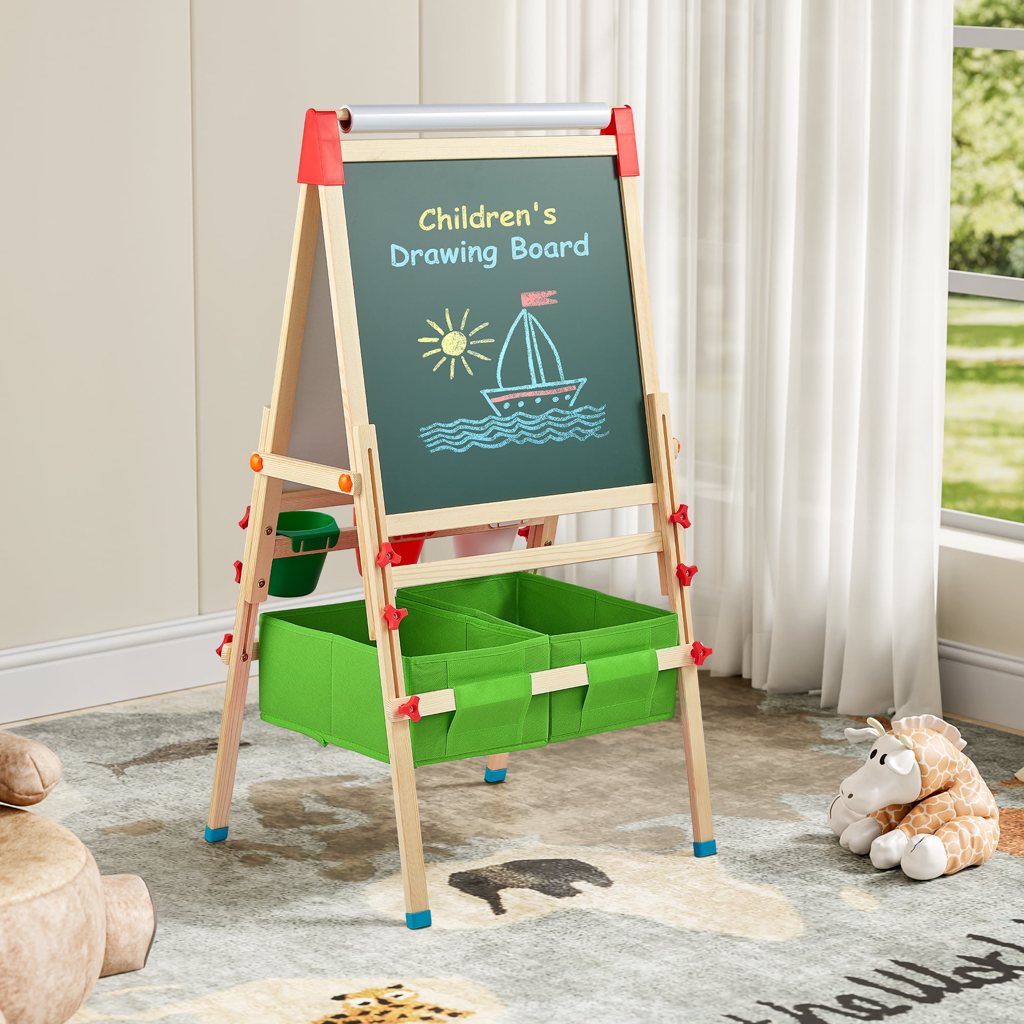 DUKE BABY Kids Art Easel with DryErase Board, Chalkboard, Paint Paper Roll, Art Supply Storage