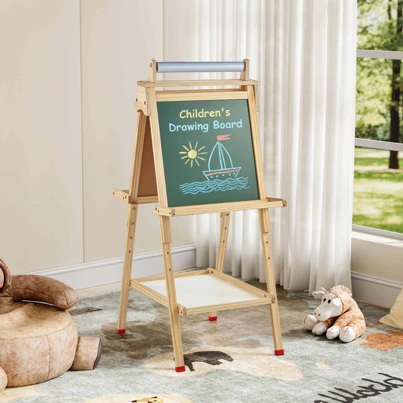 DUKE BABY Kids Art Easel with DryErase Board, Chalkboard, Paint Paper Roll, Storage Neutral