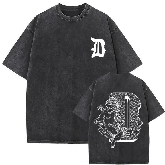 DUKI Men's Hip Hop Oversized Cotton Short sleeved T-shirt - Retro washed unisex short sleeved streetwear