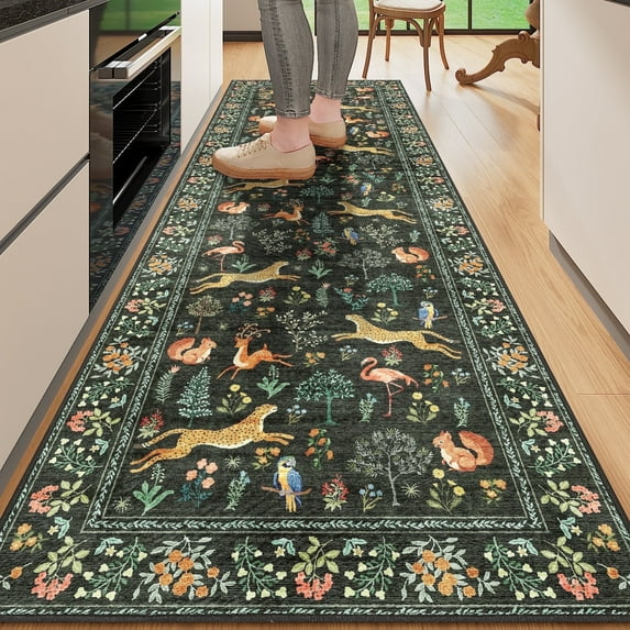 DUKINO 2.6x8 Rug for Hallway, Washable Kitchen Runner Rug with Non Slip Backing, Soft Low Pile Vintage Animal Runner for Bedroom, Kitchen, Hallway, Entryway, Laundry, Black