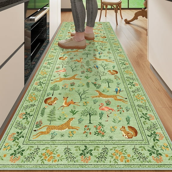 DUKINO 2.6x8 Rug for Hallway, Washable Kitchen Runner Rug with Non Slip Backing, Soft Low Pile Vintage Animal Runner for Bedroom, Kitchen, Hallway, Entryway, Laundry, Light Green