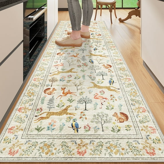 DUKINO 2x10 Rug for Hallway, Washable Kitchen Runner Rug with Non Slip Backing, Soft Low Pile Vintage Animal Runner for Bedroom, Kitchen, Hallway, Entryway, Laundry, Beige
