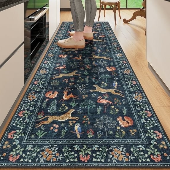 DUKINO 2x10 Rug for Hallway, Washable Kitchen Runner Rug with Non Slip Backing, Soft Low Pile Vintage Animal Runner for Bedroom, Kitchen, Hallway, Entryway, Laundry, Navy Blue