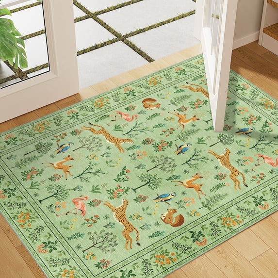 DUKINO 2x3 Rug, Washable Animal Rugs for Entryway, Non Slip Indoor Door Mat, Soft Low Pile Small Area Carpet for Entrance, Bedroom, Kitchen, Laundry, Bathroom, Light Green
