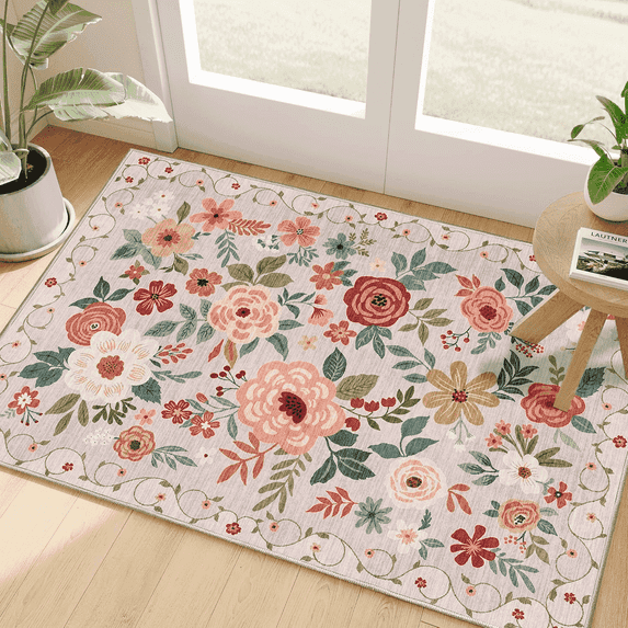 DUKINO 2x3 Rugs for Entryway, Floral Indoor Washable Door Mat, Non Slip Boho Small Rug for Kitchen, Soft Low Pile Front Door Throw Rug for Entrance, Bedroom, Kitchen, Laundry, Bathroom, Beige