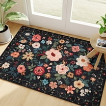 DUKINO 2x3 Rugs for Entryway, Floral Indoor Washable Door Mat, Non Slip Boho Small Rug for Kitchen, Soft Low Pile, Front Door Throw Rug for Entrance, Bedroom, Kitchen, Laundry, Bathroom, Black