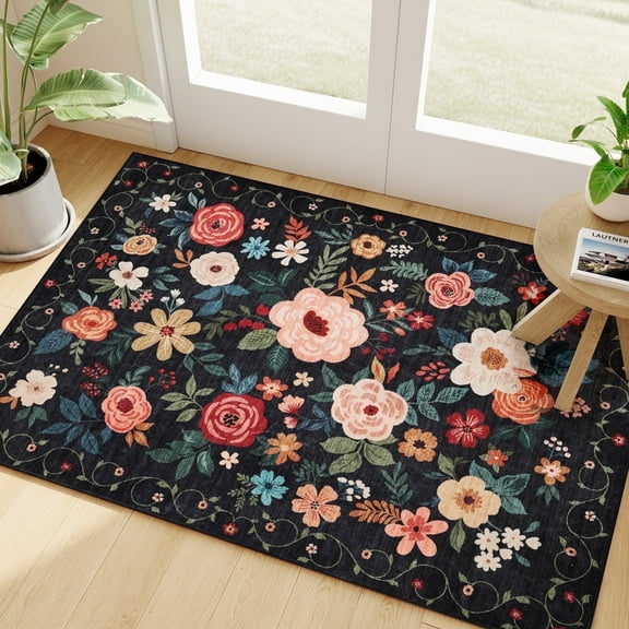 DUKINO 2x3 Rugs for Entryway, Floral Indoor Washable Door Mat, Non Slip Boho Small Rug for Kitchen, Soft Low Pile, Front Door Throw Rug for Entrance, Bedroom, Kitchen, Laundry, Bathroom, Black