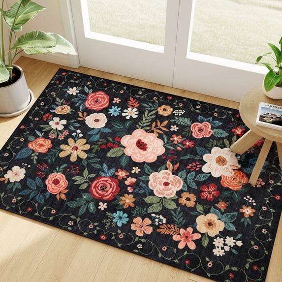 DUKINO 2x3 Rugs for Entryway, Floral Indoor Washable Door Mat, Non Slip Boho Small Rug for Kitchen, Soft Low Pile, Front Door Throw Rug for Entrance, Bedroom, Kitchen, Laundry, Bathroom, Black