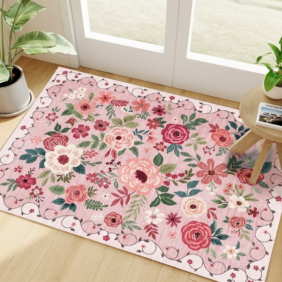 DUKINO 2x3 Rugs for Entryway, Floral Indoor Washable Front Door Mat, Non Slip Boho Small Carpet, Soft Low Pile Throw Rug for Entrance, Bedroom, Kitchen, Laundry, Bathroom, Pink