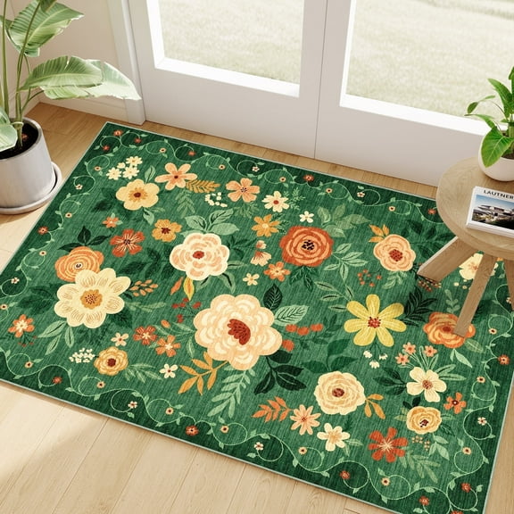 DUKINO 2x3 Rugs for Entryway, Floral Indoor Washable Front Door Mat, Non Slip Boho Small Carpet, Soft Low Pile Throw Rug for Entrance, Bedroom, Kitchen, Laundry, Bathroom, Dark Green