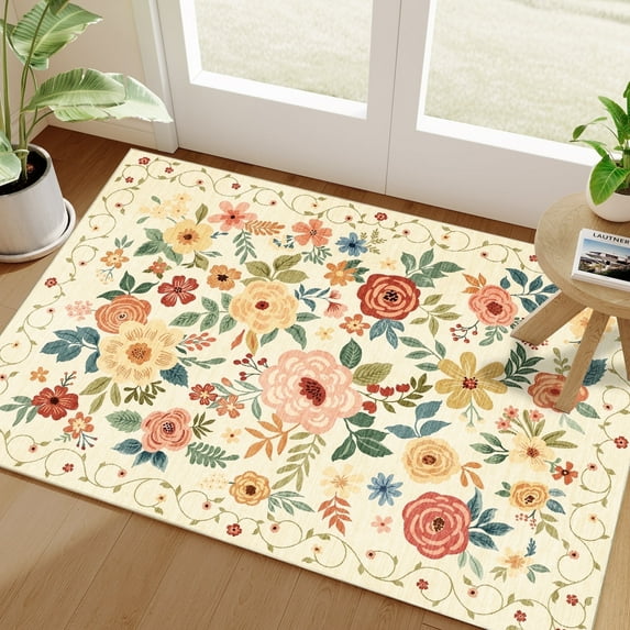 DUKINO 2x3 Rugs for Entryway, Floral Indoor Washable Front Door Mat, Non Slip Boho Small Carpet, Soft Low Pile Throw Rug for Entrance, Bedroom, Kitchen, Laundry, Bathroom, Beige Yellow