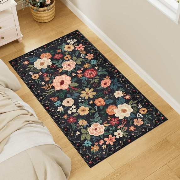 DUKINO 2x4 Rug for Entryway, Washable Kitchen Floral Runner Rug with Non Slip Backing, Low Pile Soft Boho Carpet for Kitchen, Hallway, Entryway, Laundry, Bedroom, Black