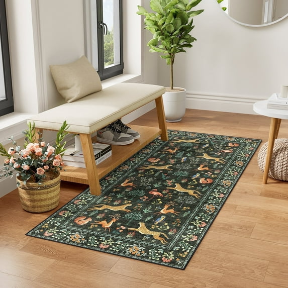 DUKINO 2x4 Rug for Hallway, Washable Kitchen Runner Rug with Non Slip Backing, Soft Low Pile Vintage Animal Runner for Bedroom, Kitchen, Hallway, Entryway, Laundry, Black