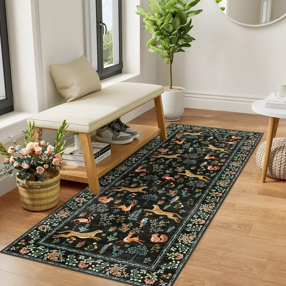 DUKINO 2x5 Rug for Hallway, Washable Kitchen Runner Rug with Non Slip Backing, Soft Low Pile Vintage Animal Runner for Bedroom, Kitchen, Hallway, Entryway, Laundry, Black