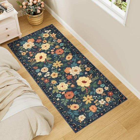 DUKINO 2x5 Runner Rug for Hallway, Washable Kitchen Floral Runner Rug with Non Slip Backing, Low Pile Soft Boho Carpet for Kitchen, Hallway, Entryway, Laundry, Bedroom, Dark Blue