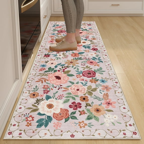 DUKINO 2x6 Runner Rug for Hallway, Washable Kitchen Rug with Non Slip Backing, Low Pile Soft Boho Floral Runner for Kitchen, Hallway, Entryway, Laundry, Bedroom, Beige